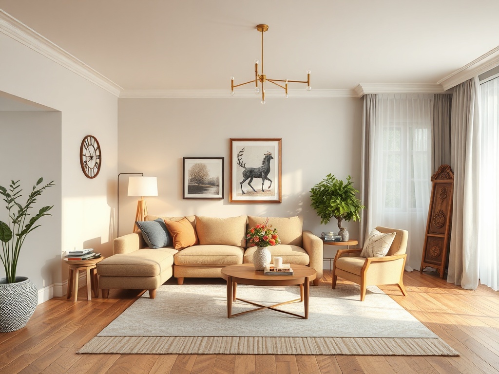 Современная гостиная с уютным диваном и кофейным столиком, украшенная растениями и картинами на стенах.