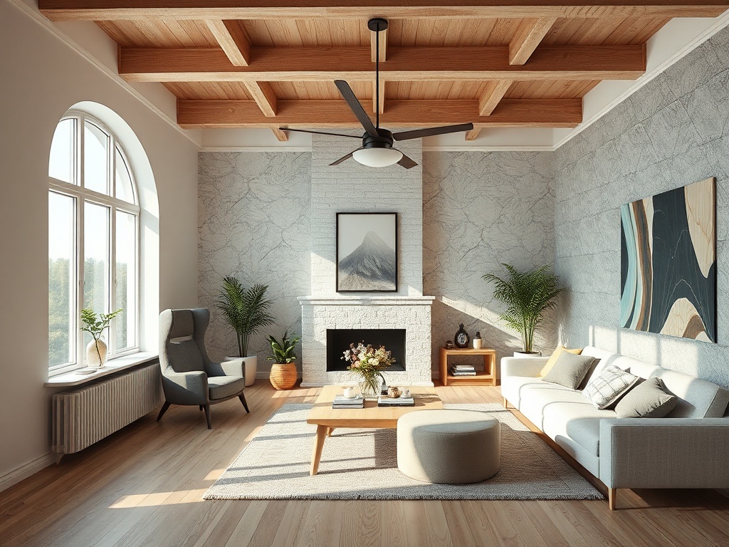 Светлая гостиная с деревянными балками, уютной мебелью и камином, украшенная растениями и картинами.