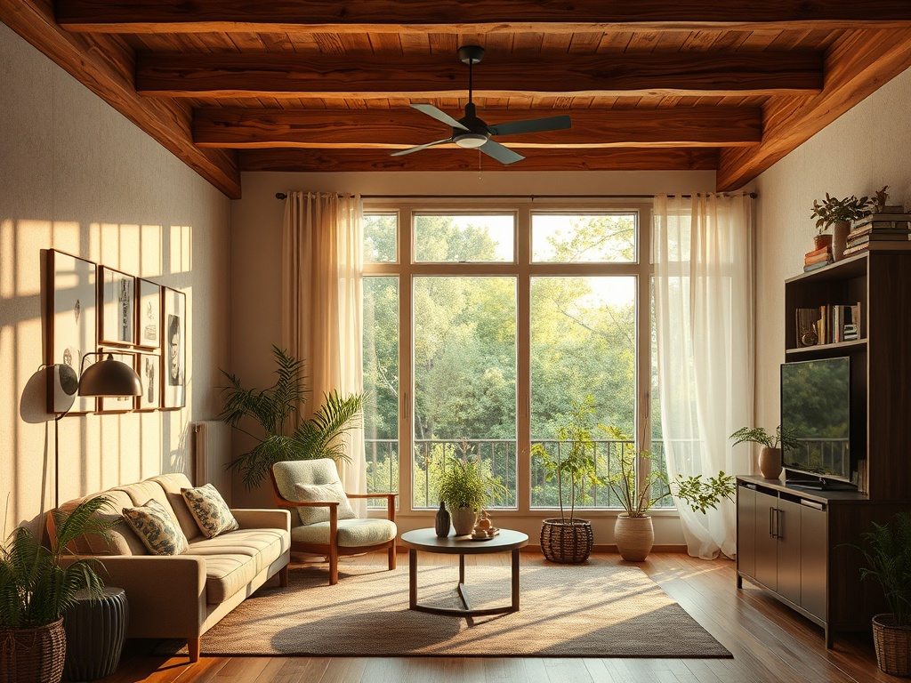 Светлая гостиная с большими окнами, мягкой мебелью и зелеными растениями. Уютная атмосфера.