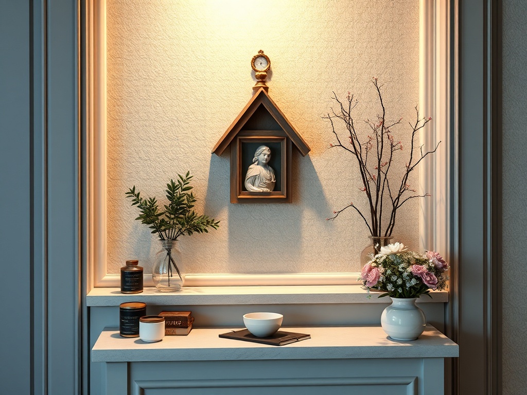 Уютный уголок с изображением, цветами и часами в элегантной рамке на стене. Сосна и композиция в вазе.