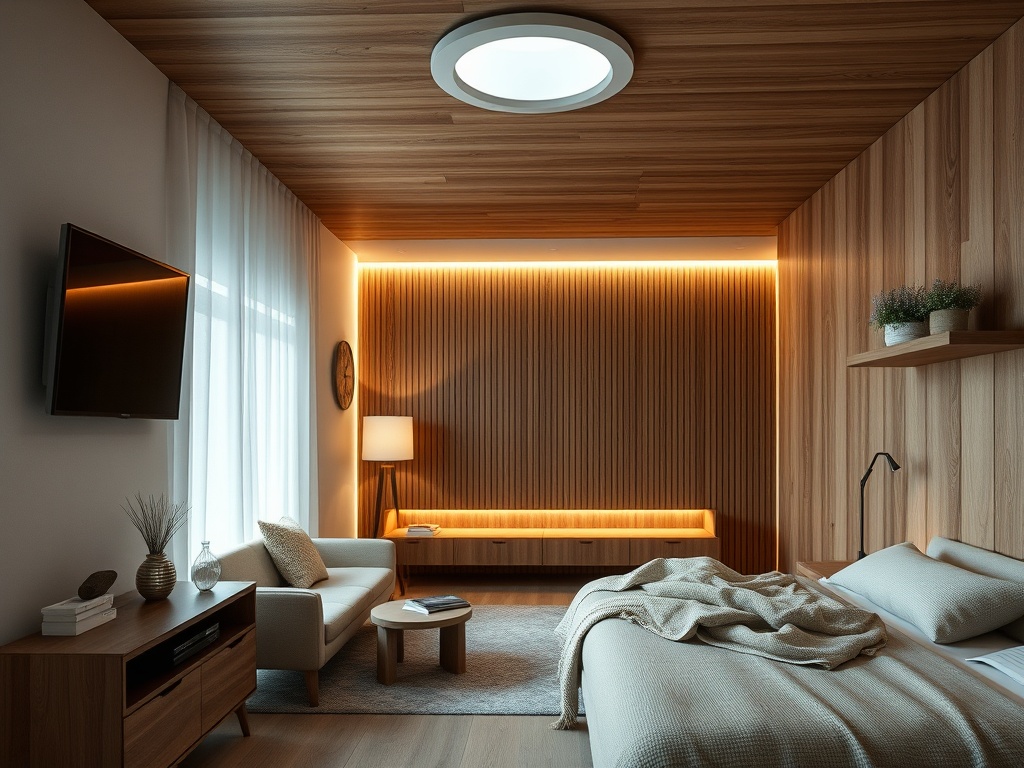 Современная спальня с деревянной отделкой, мягким освещением и уютной мебелью. Тихая и комфортная атмосфера.