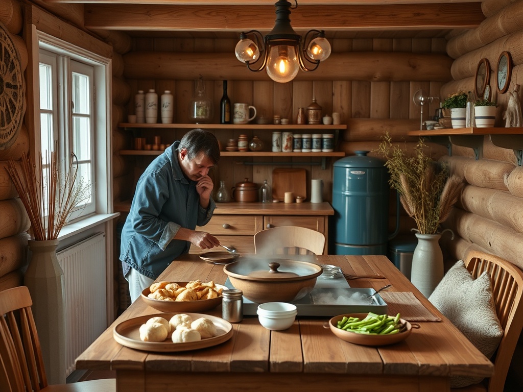 Мужчина готовит на кухне в деревянном доме, окружают его домашние предметы и еда на столе.