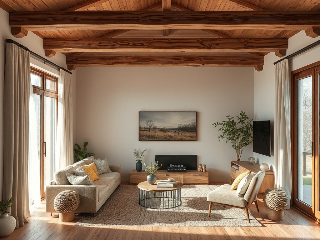 Современный уютный гостиный с деревянными балками, мягкой мебелью и большим окном, освещающим пространство.