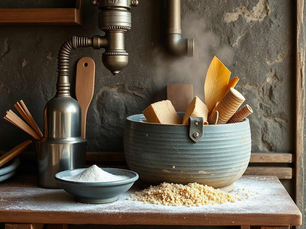 На столе лежат различные кулинарные ингредиенты: мука, сахар и сушёные листья в керамической миске.