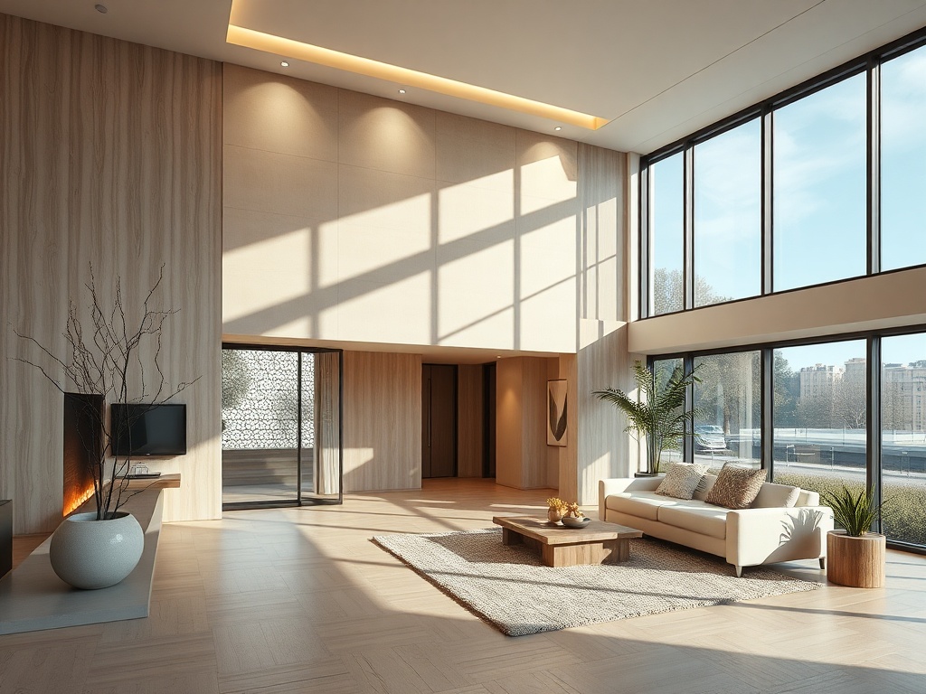 Современный светлый интерьер гостиной с большими окнами и уютной мебелью, наполненный естественным светом.