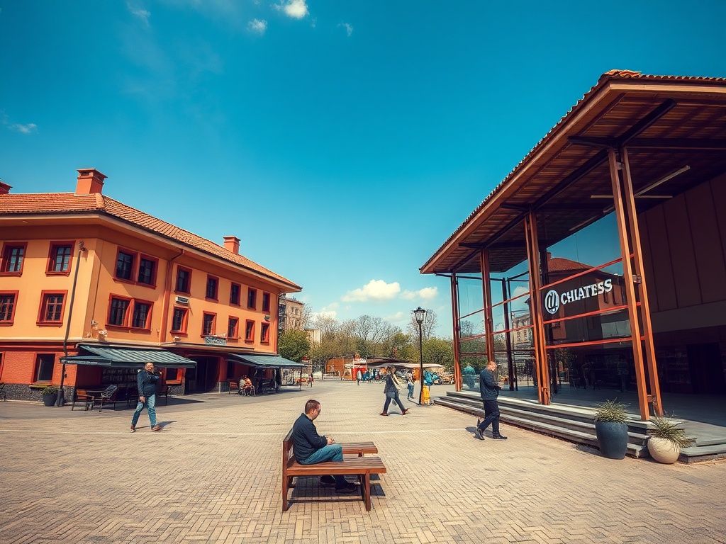 На площади между зданиями люди идут мимо магазинов, на фоне голубого неба с облаками.