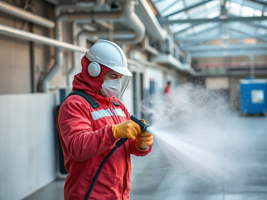 Человек в защитной одежде распыляет жидкость в промышленном помещении. Видны трубы и оборудование на фоне.