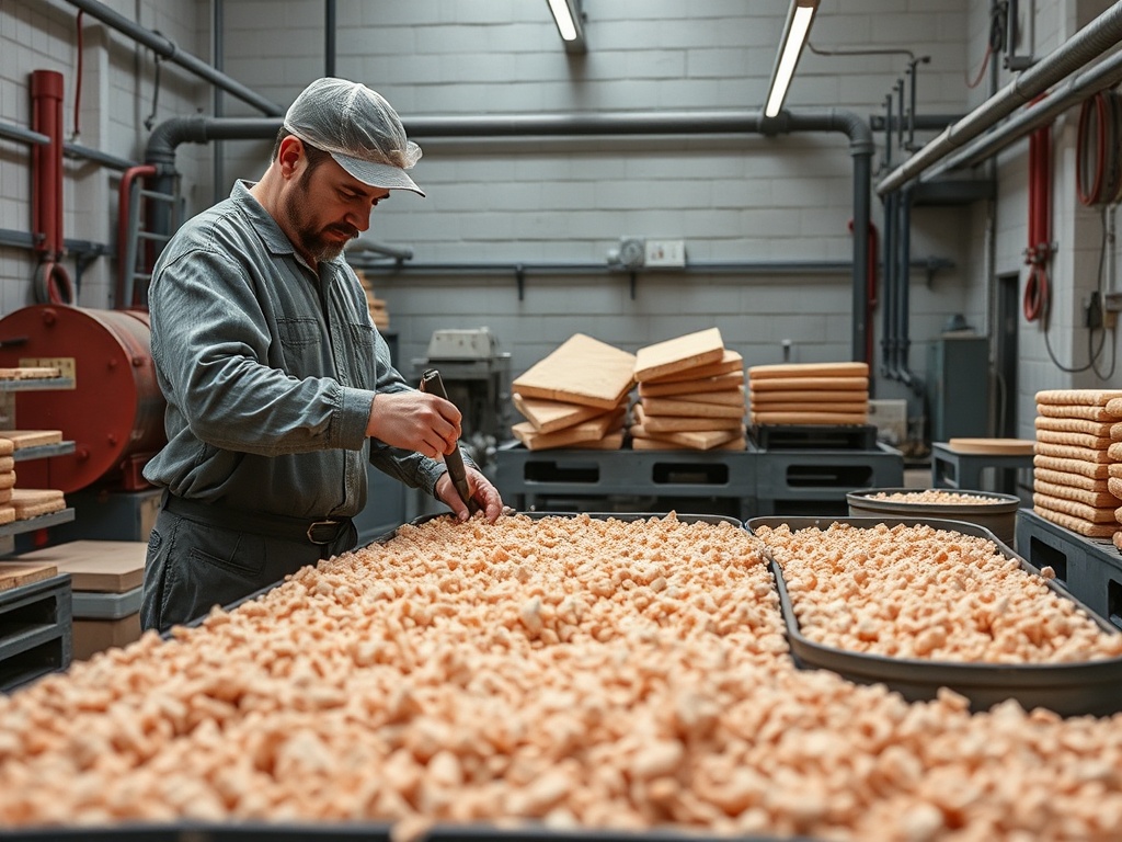 Рабочий на производстве, сортирующий детали на столе с коробками и материалом вокруг.