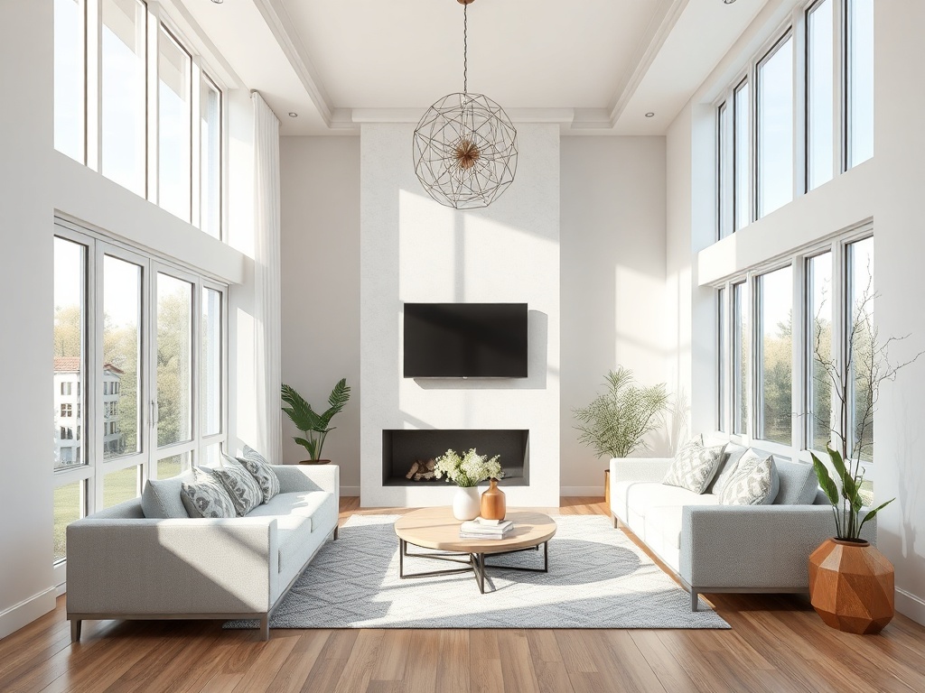 Современный светлый салон с большими окнами, уютными диванами и декоративными растениями.