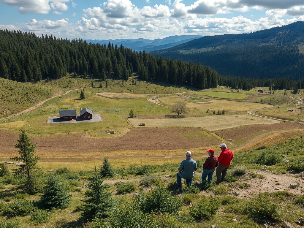 Трое людей смотрят на живописный ландшафт с полями и лесами на фоне гор. Ясная погода.