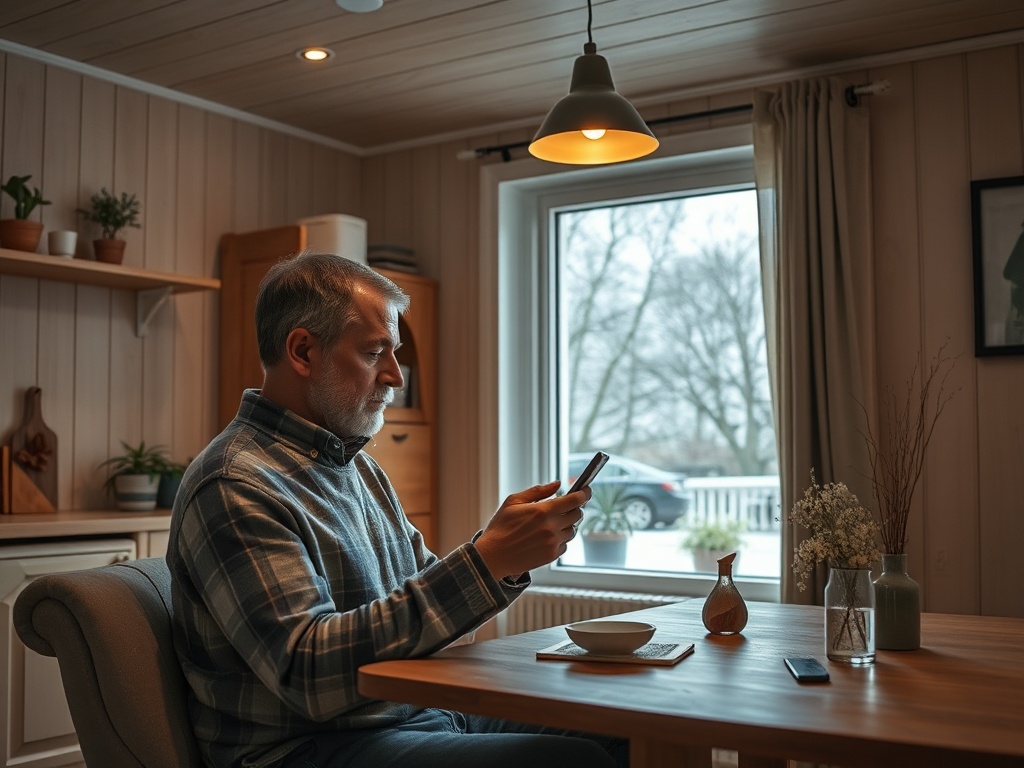 Мужчина сидит за столом, смотрит на телефон, рядом чашка и стеклянная ваза с цветами у окна.