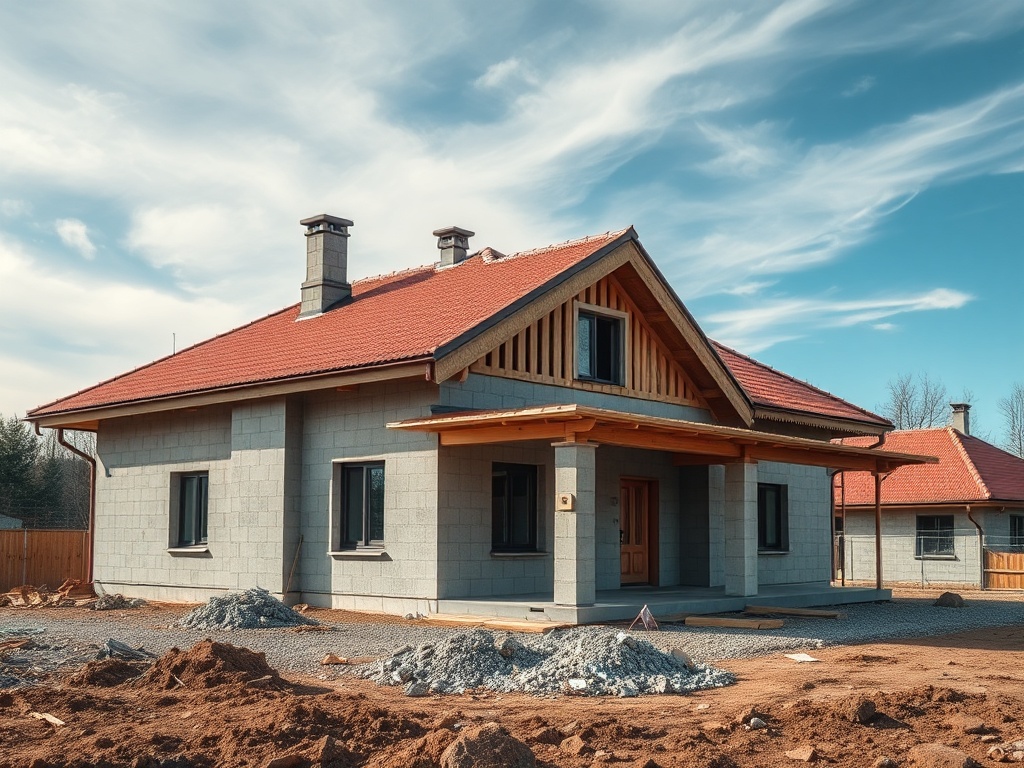 Новостройка в загородной местности с красной крышей и отделкой из серого бетона, окруженная земельными работами.