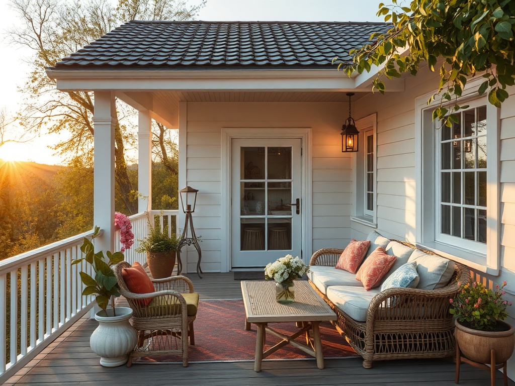 Уютная терраса с плетеными креслами, столиком и цветами на фоне заката. Спокойная атмосфера для отдыха.