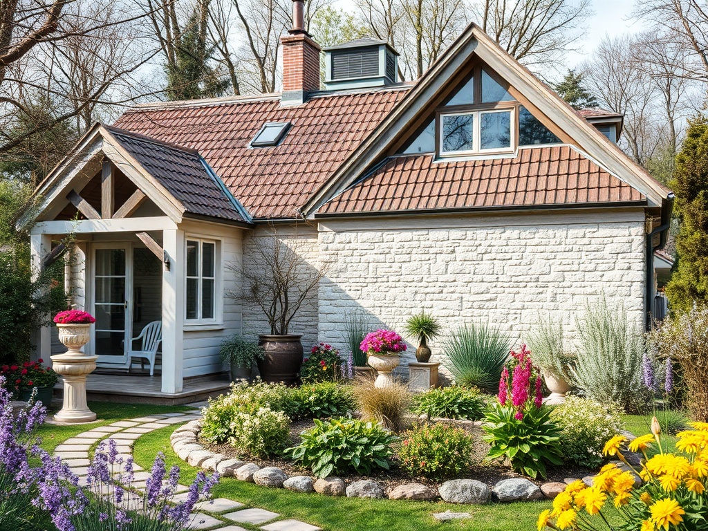 Компактный загородный дом с красивым садом, цветами и ухоженной территорией среди деревьев.