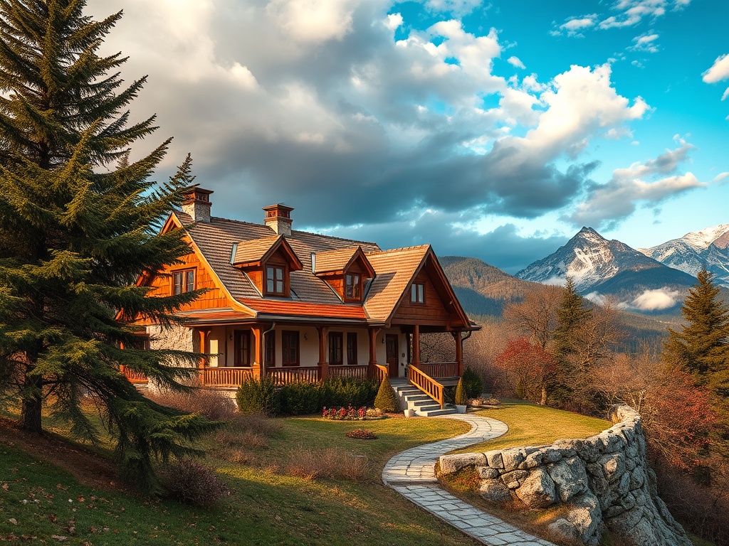 Красивый дом на фоне гор, окруженный деревьями и облаками, с ухоженным газоном и каменной дорожкой.