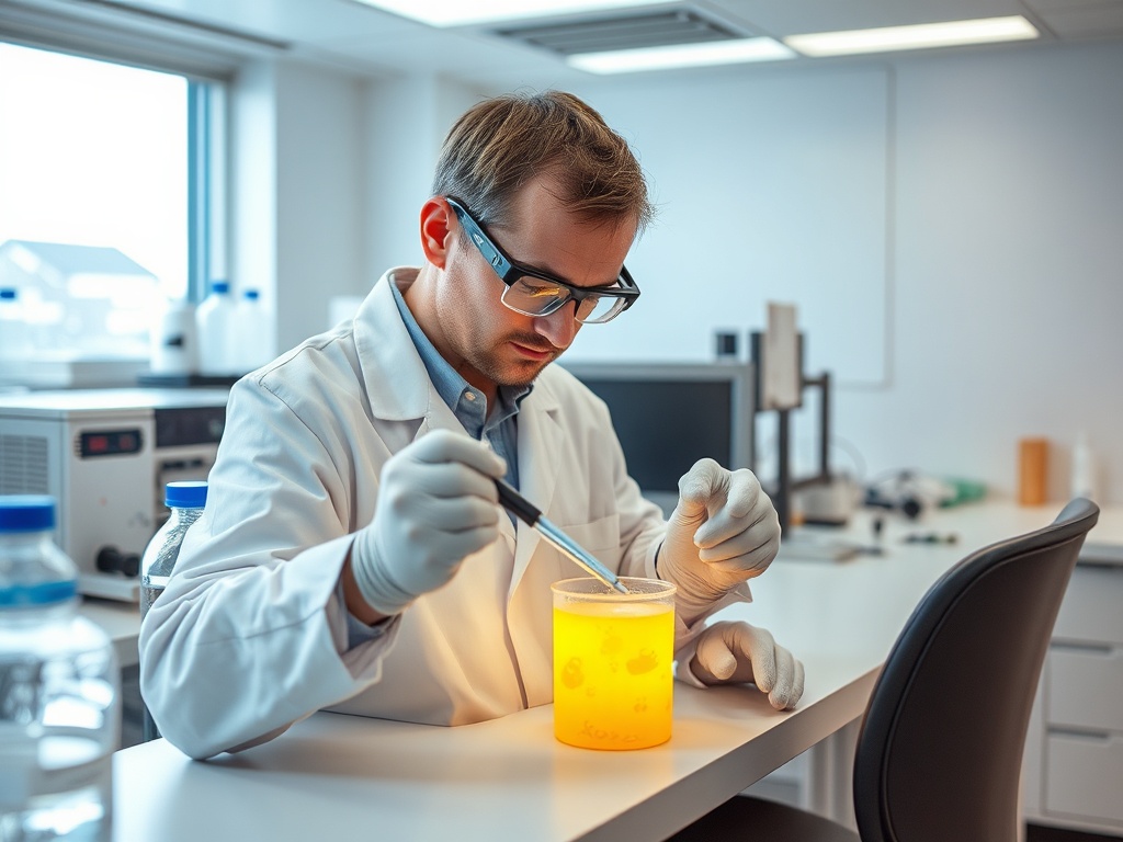 Ученый в лаборатории работает с образцом в желтой колбе, проводя эксперимент с жидкостью.