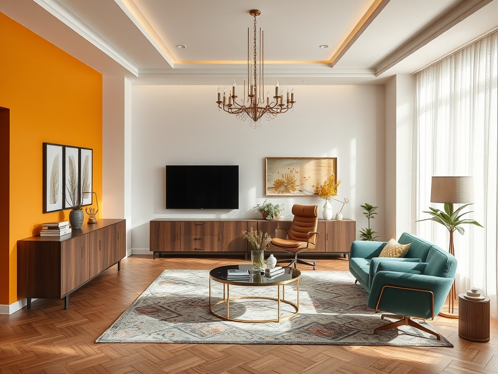 Современный интерьер с оранжевой стеной, cómodo мебель, телевизор и яркими растениями. Светлое и уютное пространство.
