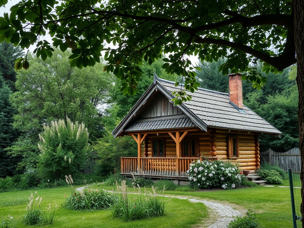 Деревянный домик с крышей, окруженный зеленью и цветами, в живописном саду.
