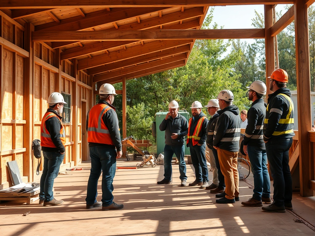 Группа работников в касках и жилетах обсуждает проект на строительной площадке в солнечный день.