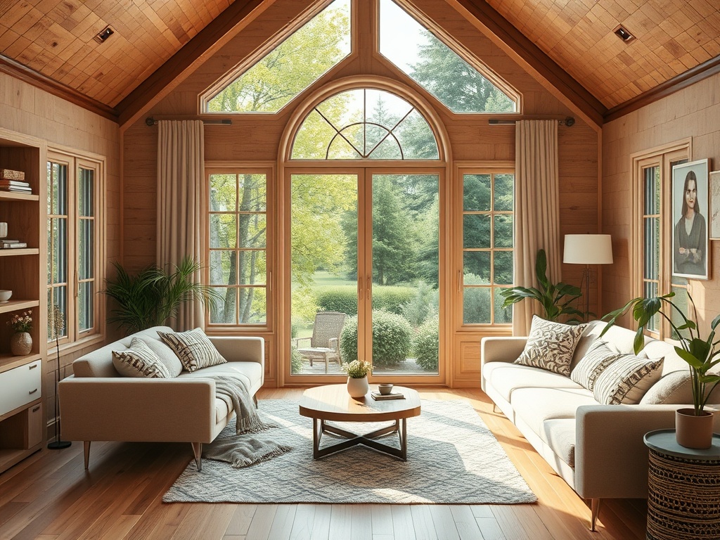 Светлая гостиная с большими окнами, деревянными стенами и уютной мебелью, открывающая вид на зелень.