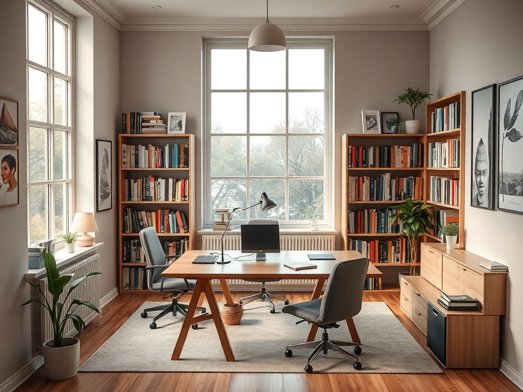 Уютный офис с большими окнами, книжными полками и современным письменным столом. За окном вид на природу.
