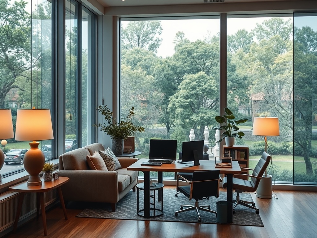 Современный офис с мягкой мебелью, большими окнами и зеленью за окном, создающий уютную атмосферу.