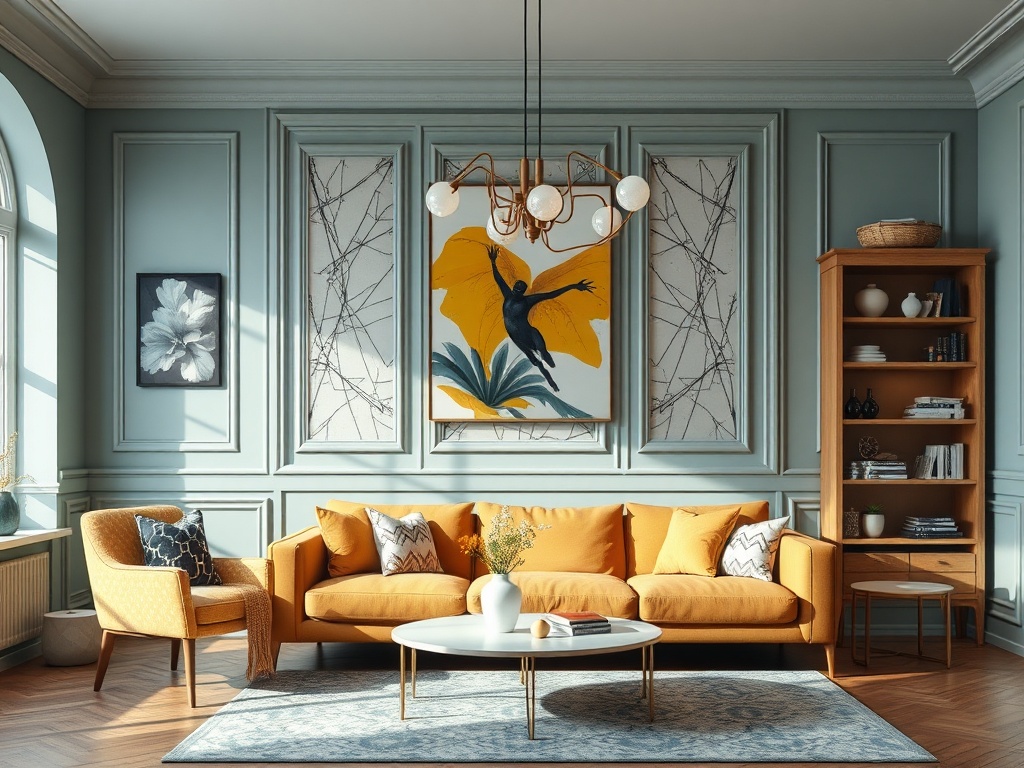 Современная гостиная с желтым диваном, деревянной мебелью и яркими искусственными картинами на стенах.