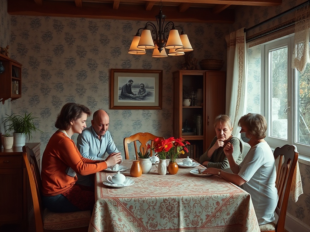 На уютной кухне четыре человека беседуют за столом, наслаждаясь чаем и общением в семейном кругу.