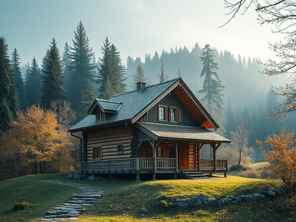 Деревянный дом в лесу, окруженный высокими деревьями и осенними листьями, на фоне туманного утра.