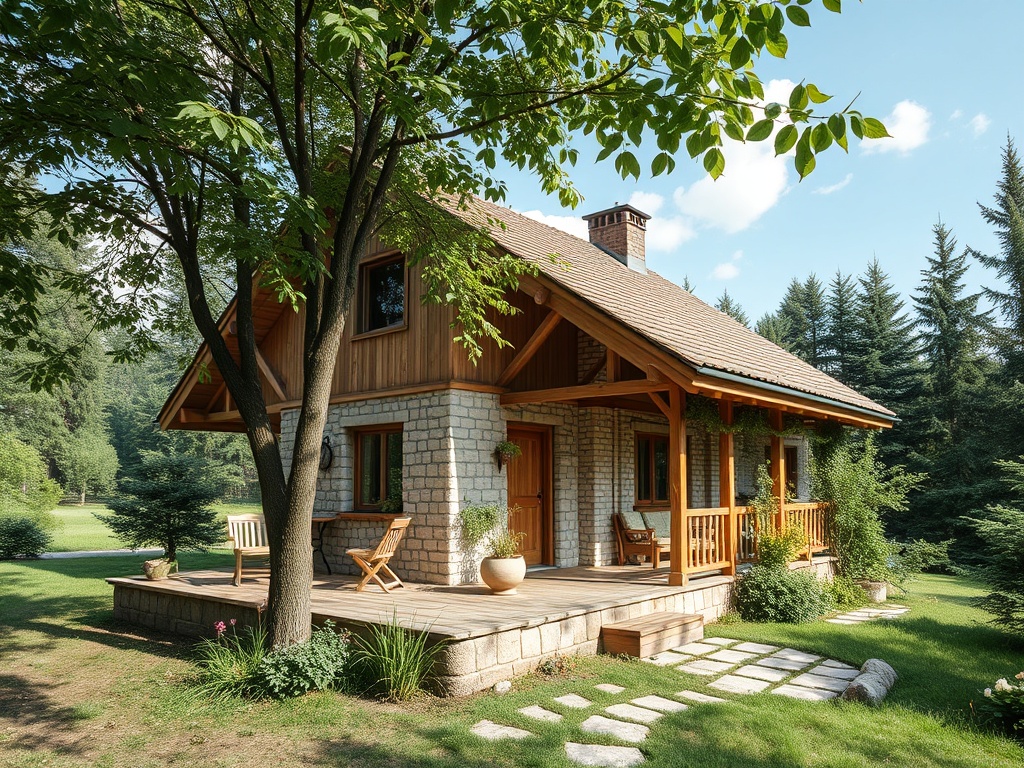 Уютный загородный дом с деревянным фасадом, окруженный зелеными деревьями и ухоженным садом.