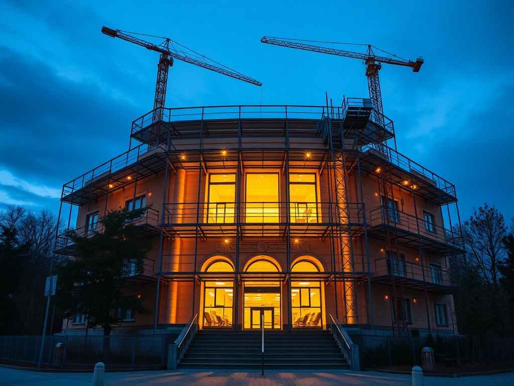 Строящееся здание с ярко освещенными окнами и кранами на фоне вечернего неба.