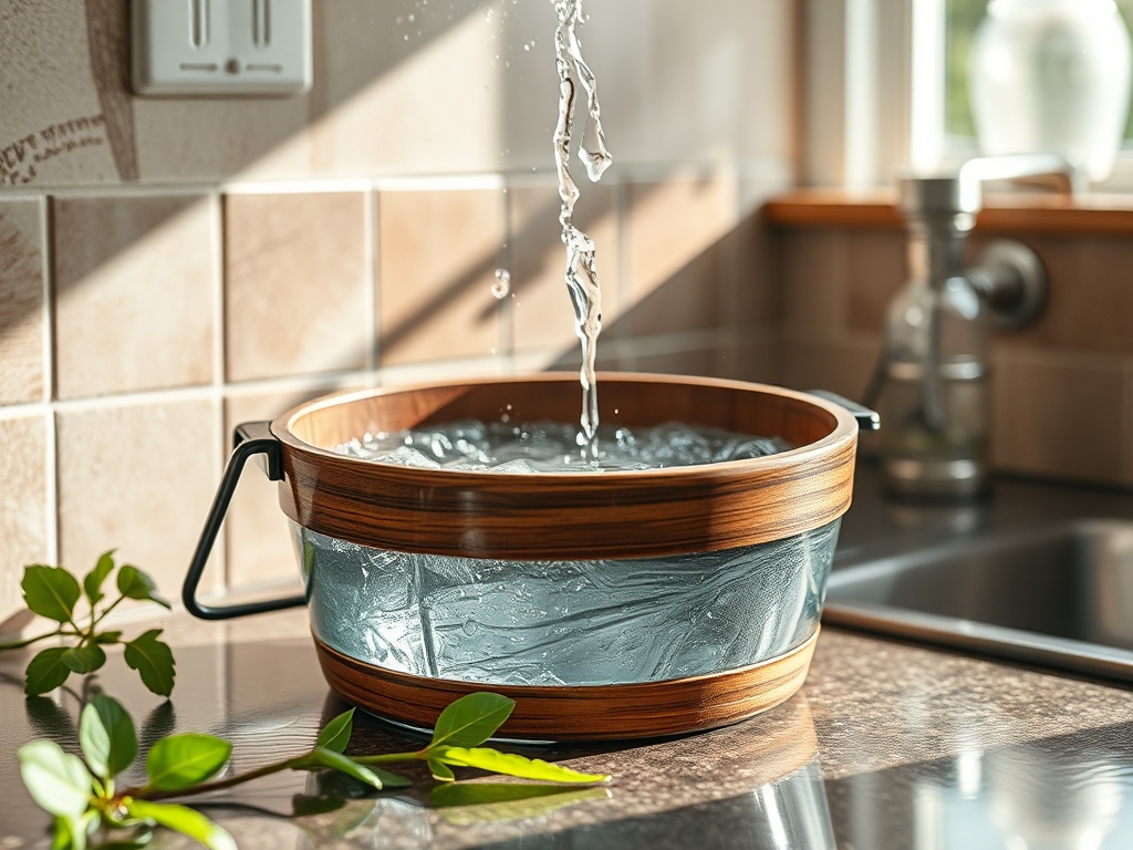 На картине изображена чаша с водой на кухонном столе, из которой струится вода. Солнечный свет освещает все вокруг.